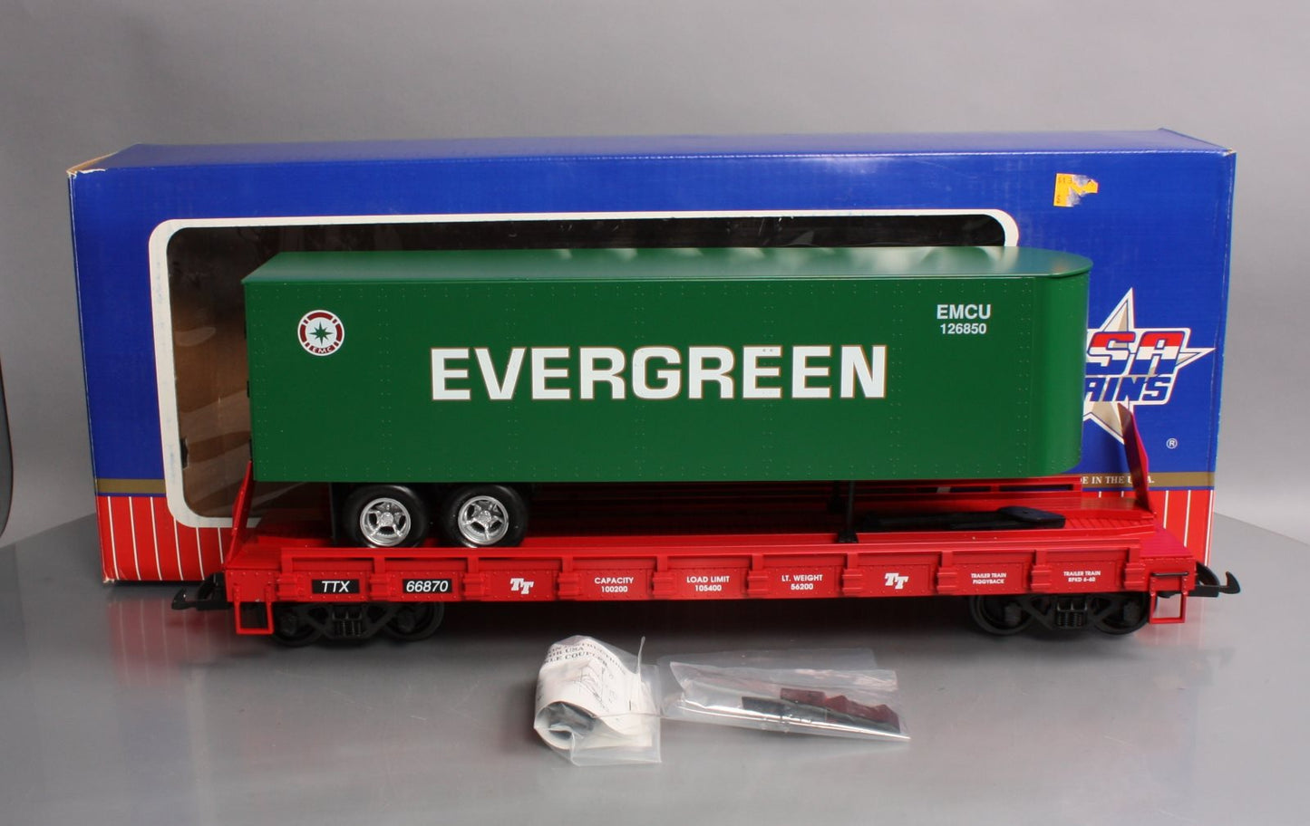 USA Trains R17016 G Evergreen Piggyback Flatcar with Trailer