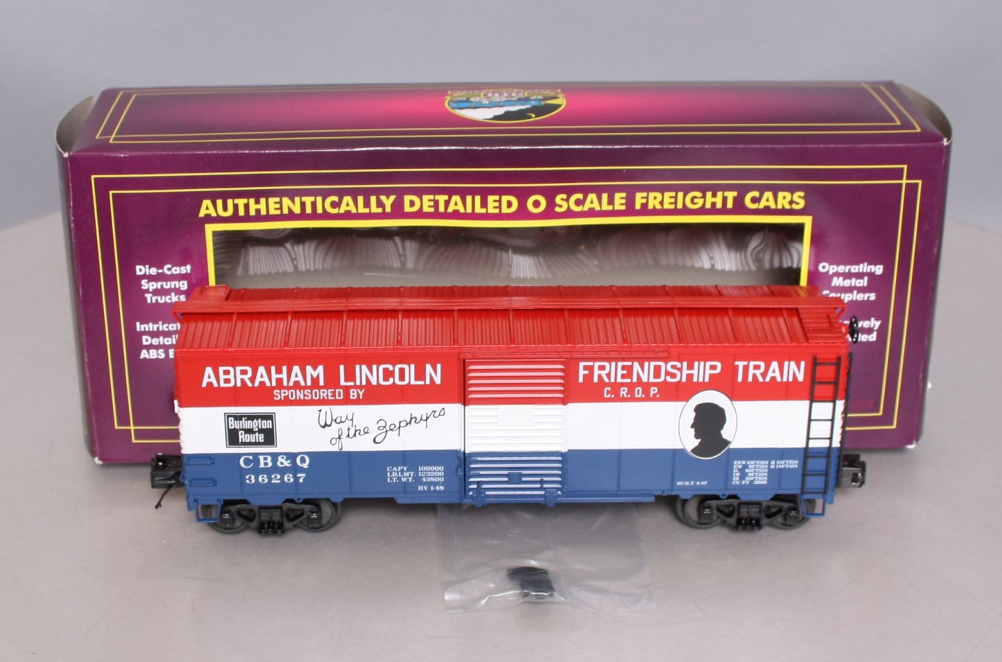 MTH 20-93521 O Gauge CB&Q 1947 Friendship Train 40' AAR Box Car #36267