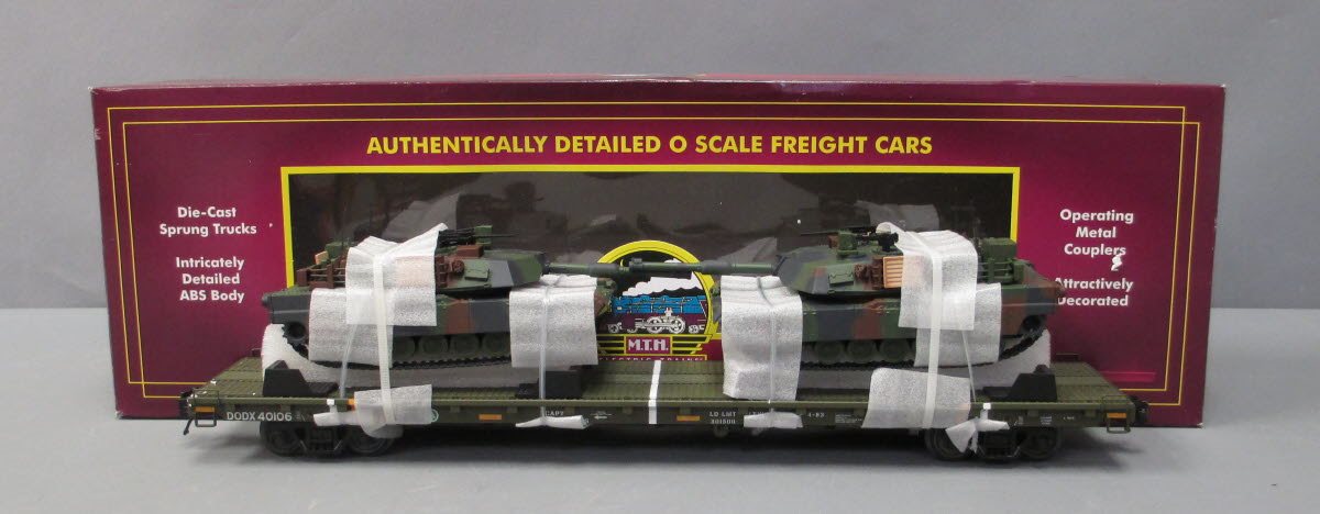 MTH 20-95346 O U.S. Army 60' Flat Car with 2 M1a Abrams Tanks #40102