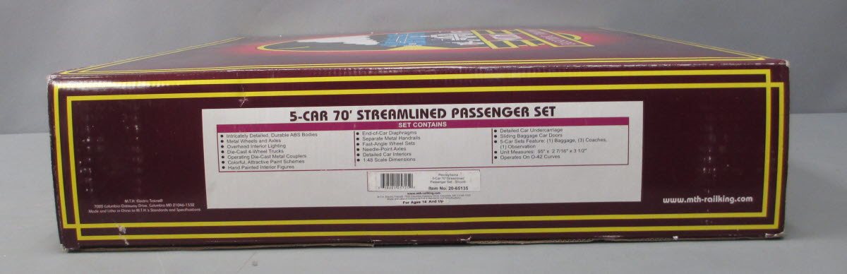 MTH 20-65135 O Pennsylvania 70’ Streamlined Passenger Car Set (Set of 5)