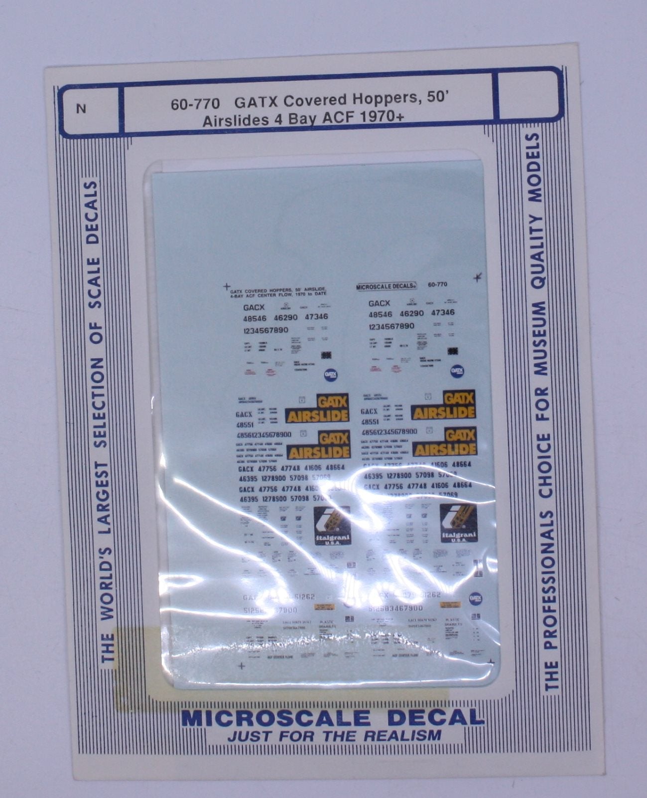 Microscale 60-770 N 1970+ GATX ACF 4 Bay 50'' Airslide Covered Hopper Decal Shee