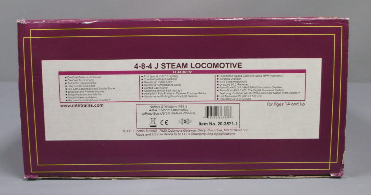 MTH 20-3571-1 Norfolk & Western 4-8-4 J Steam Engine #611 w/PS 3.0 (Hi-Rail)