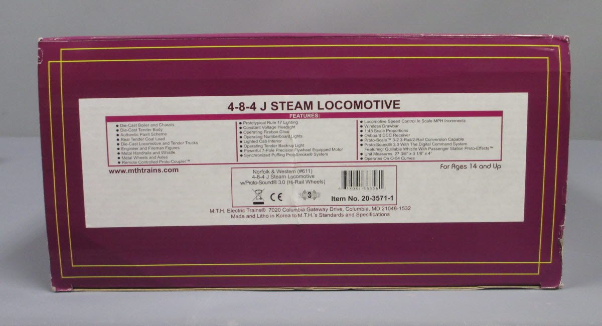 MTH 20-3571-1 Norfolk & Western 4-8-4 J Steam Engine #611 w/PS 3.0 (Hi-Rail)