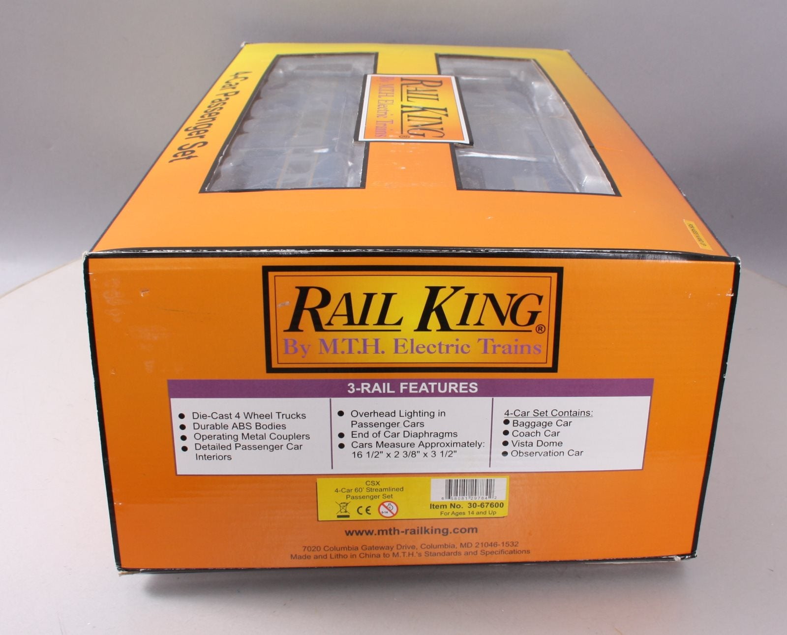 MTH 30-67600 O CSX RailKing 60' Streamlined ABS Passenger Car Set (Set of 4)