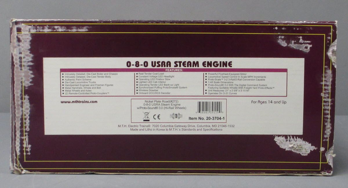 MTH 20-3704-1 O Nickel Plate Road 0-8-0 USRA Steam Engine #272