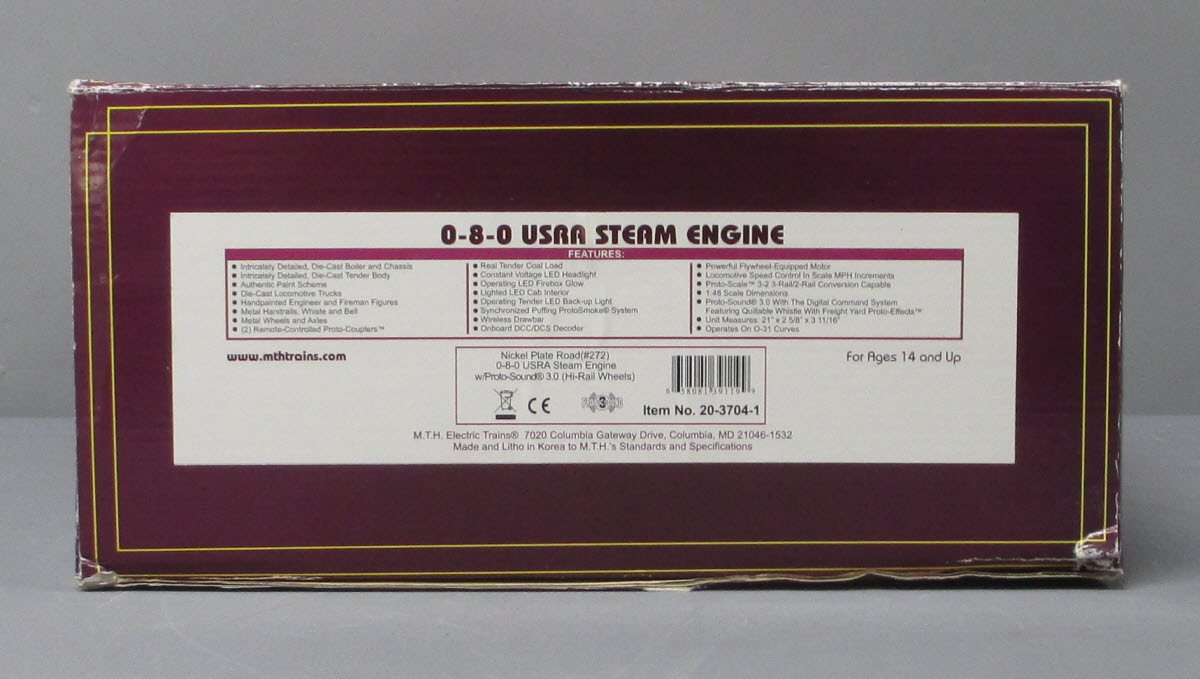 MTH 20-3704-1 O Nickel Plate Road 0-8-0 USRA Steam Engine #272