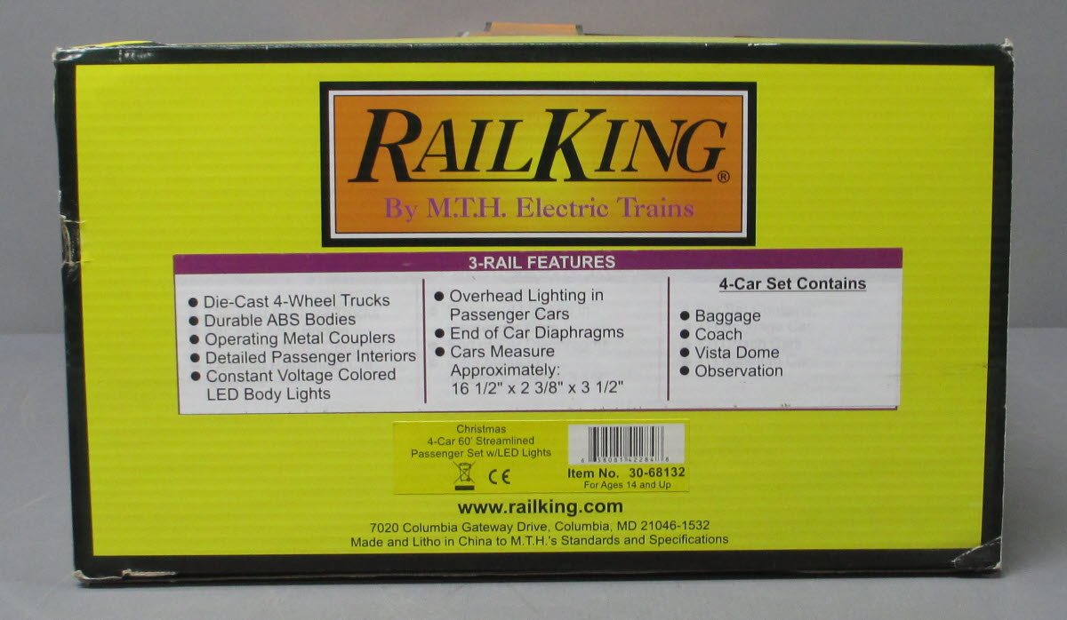 MTH 30-68132 O Christmas 60' Streamlined Passenger Set w/LED Lights (Set of 4)