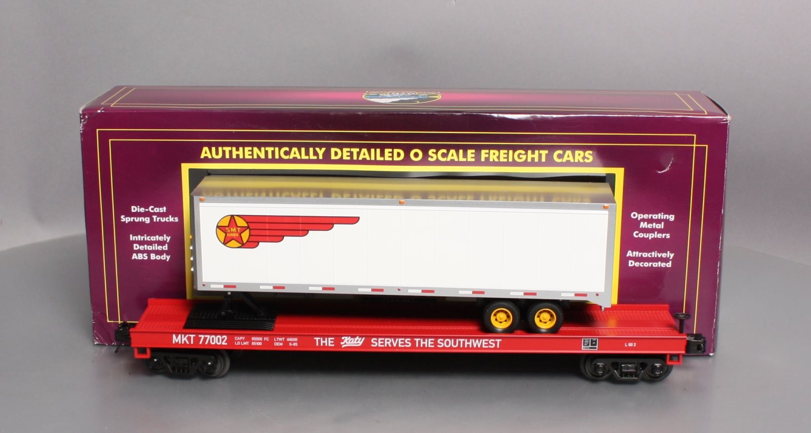 MTH 20-95216 O Missouri Kansas & Texas Railway Premier Flat Car w/ 40’ Trailer