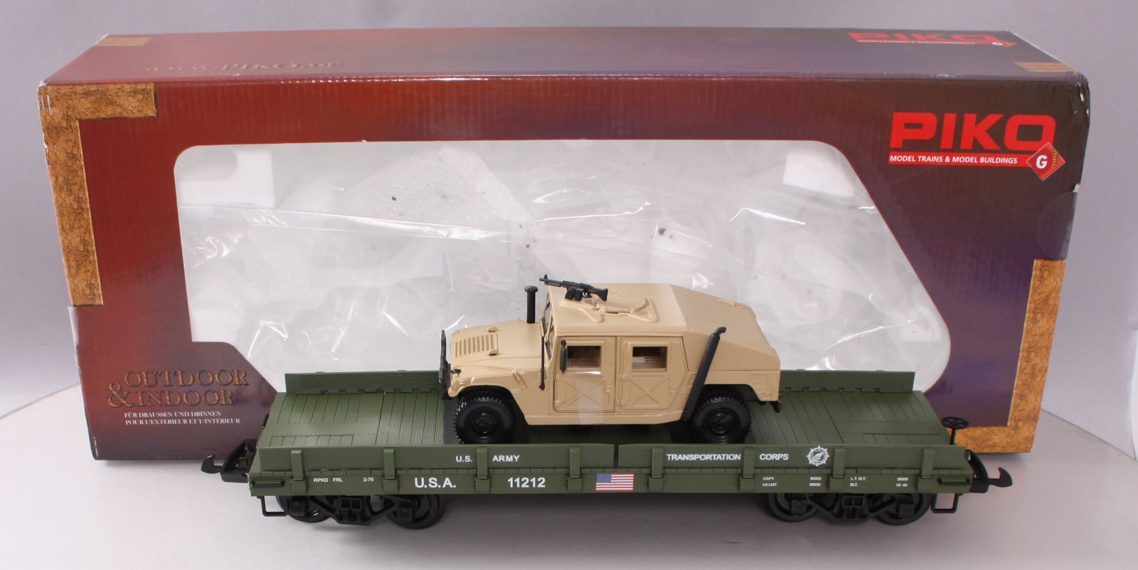 Piko 38764 G Scale USATC Humvee Transport Car w/Die-Cast Vehicle #11212