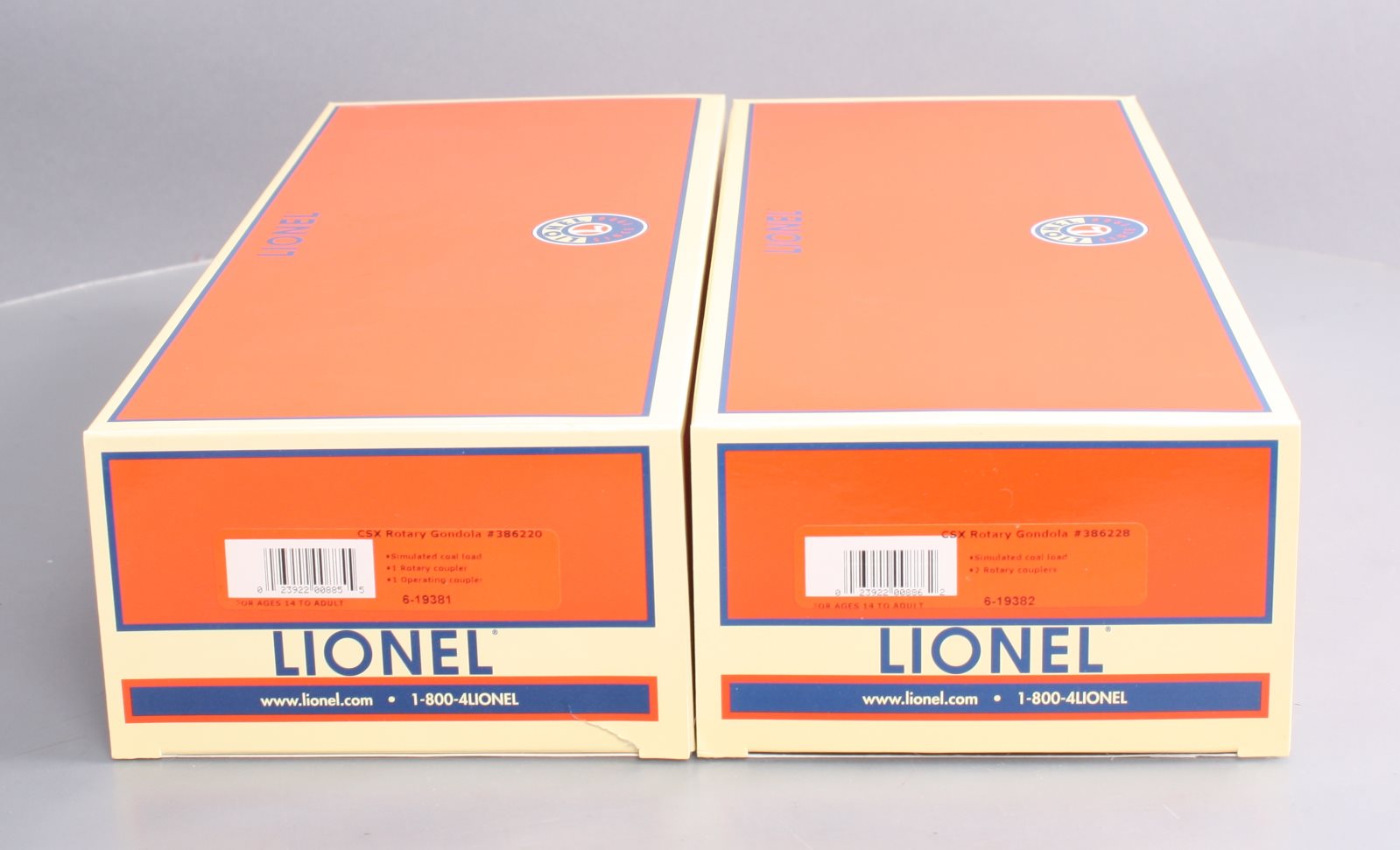 Lionel 6-19380 O Gauge CSX Bathtub Coal Gondola Cars #386228, #386220 with Loads