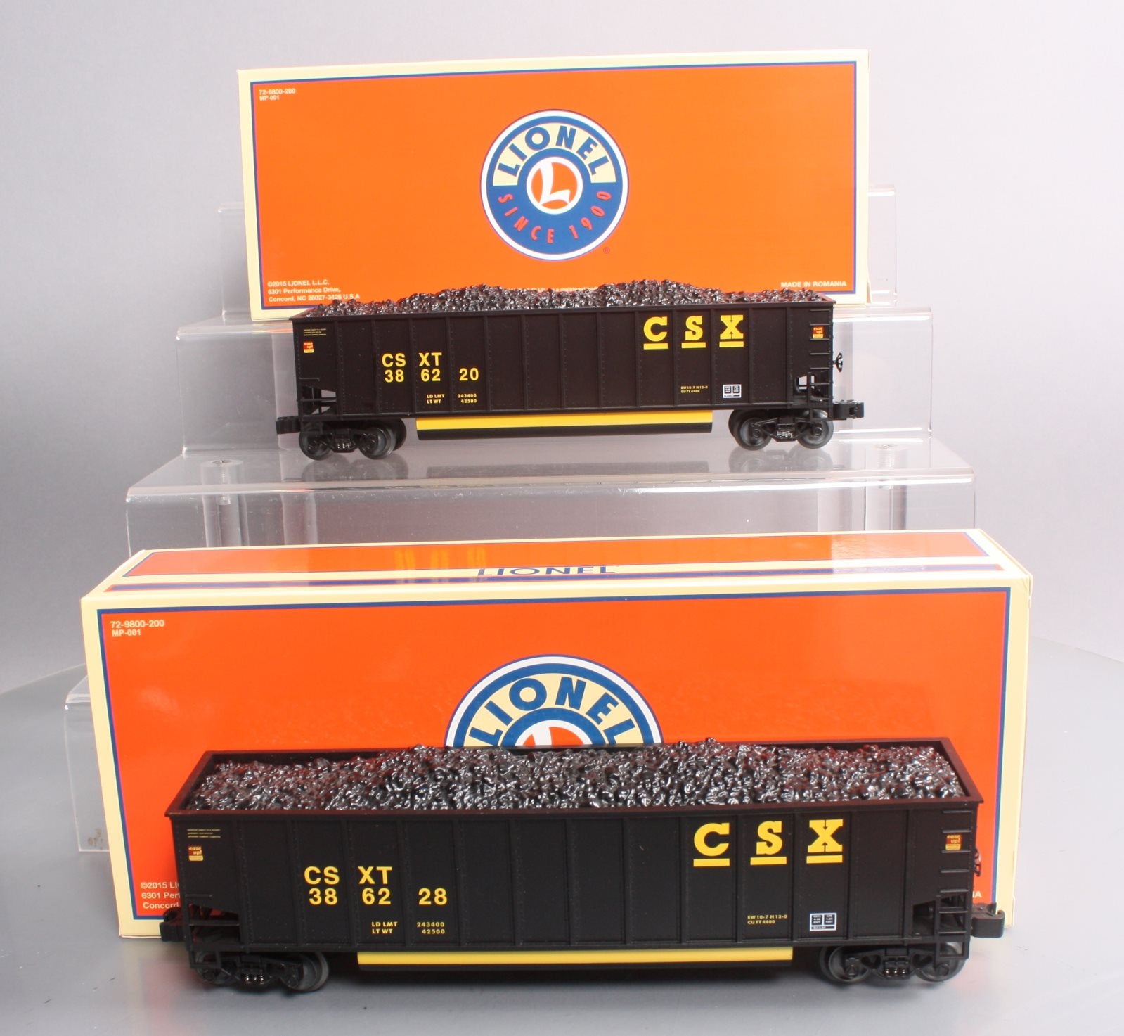 Lionel 6-19380 O Gauge CSX Bathtub Coal Gondola Cars #386228, #386220 with Loads