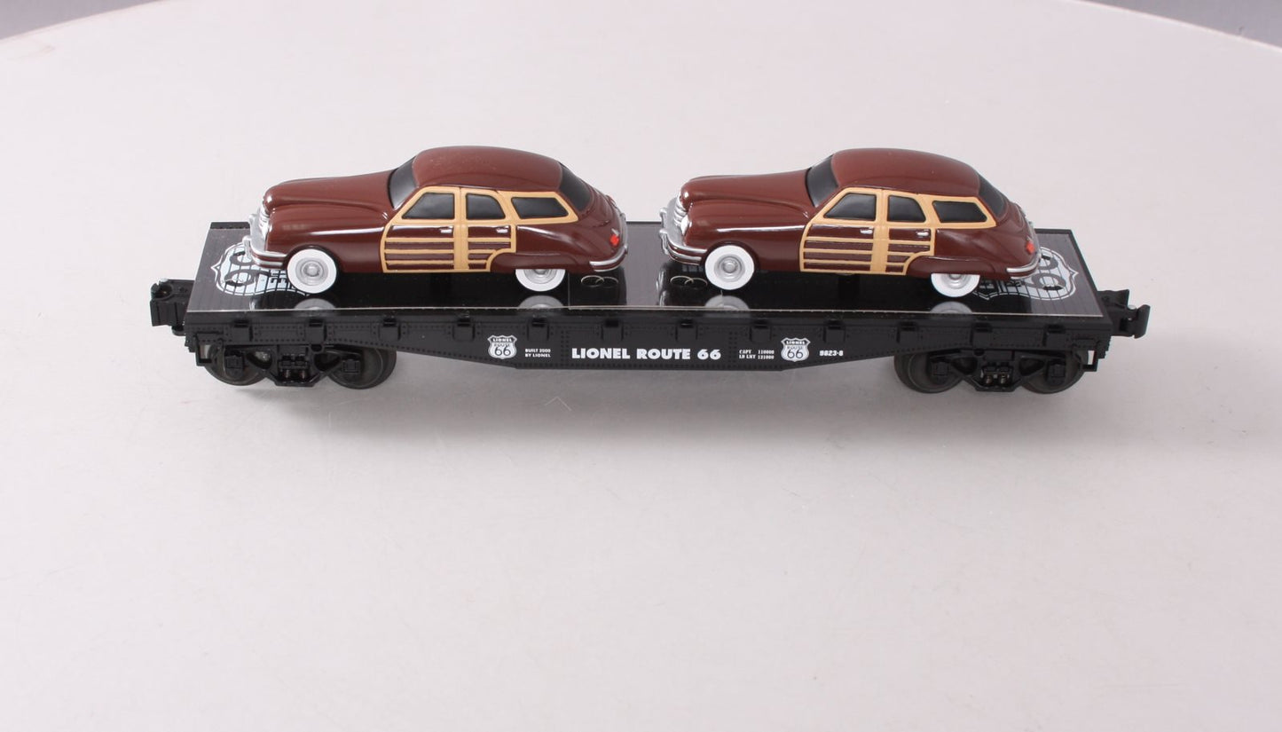 Lionel 6-17558 O Gauge Route 66 Flatcar with Two Brown Sedans