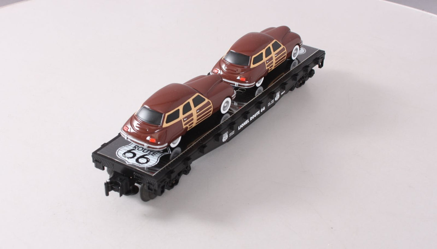 Lionel 6-17558 O Gauge Route 66 Flatcar with Two Brown Sedans