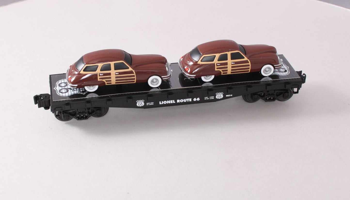 Lionel 6-17558 O Gauge Route 66 Flatcar with Two Brown Sedans
