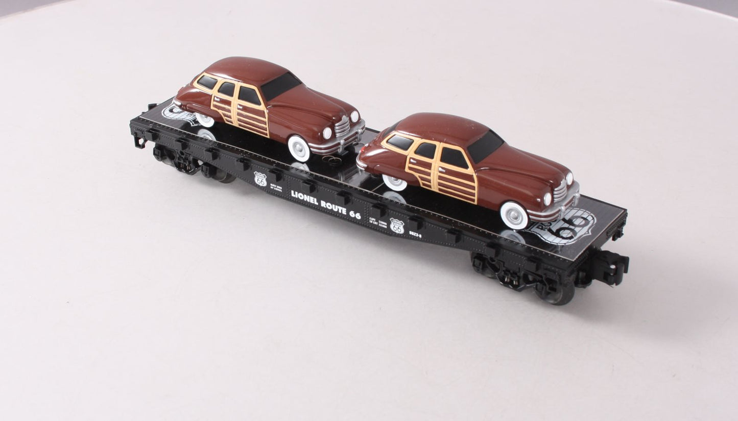 Lionel 6-17558 O Gauge Route 66 Flatcar with Two Brown Sedans