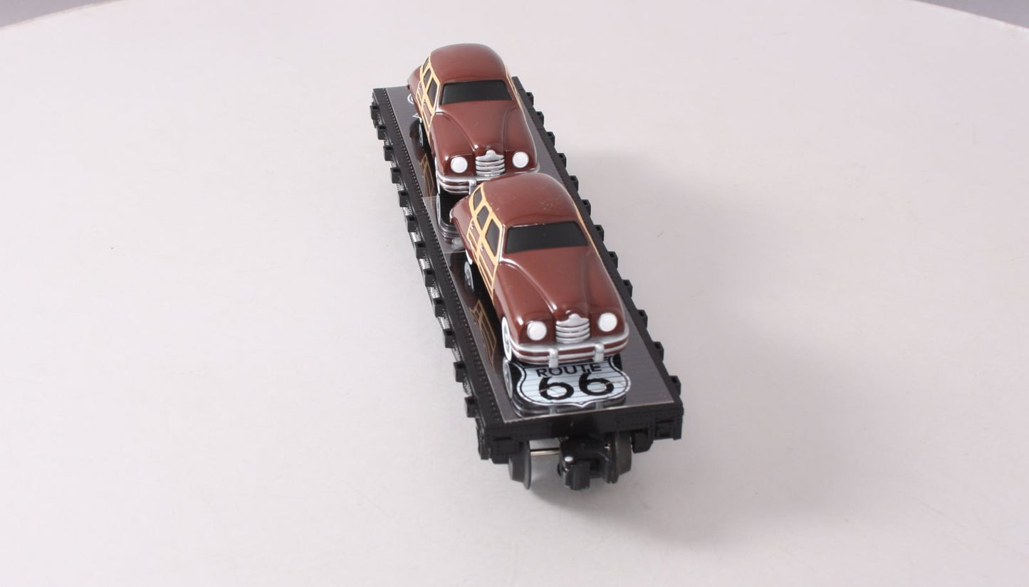Lionel 6-17558 O Gauge Route 66 Flatcar with Two Brown Sedans