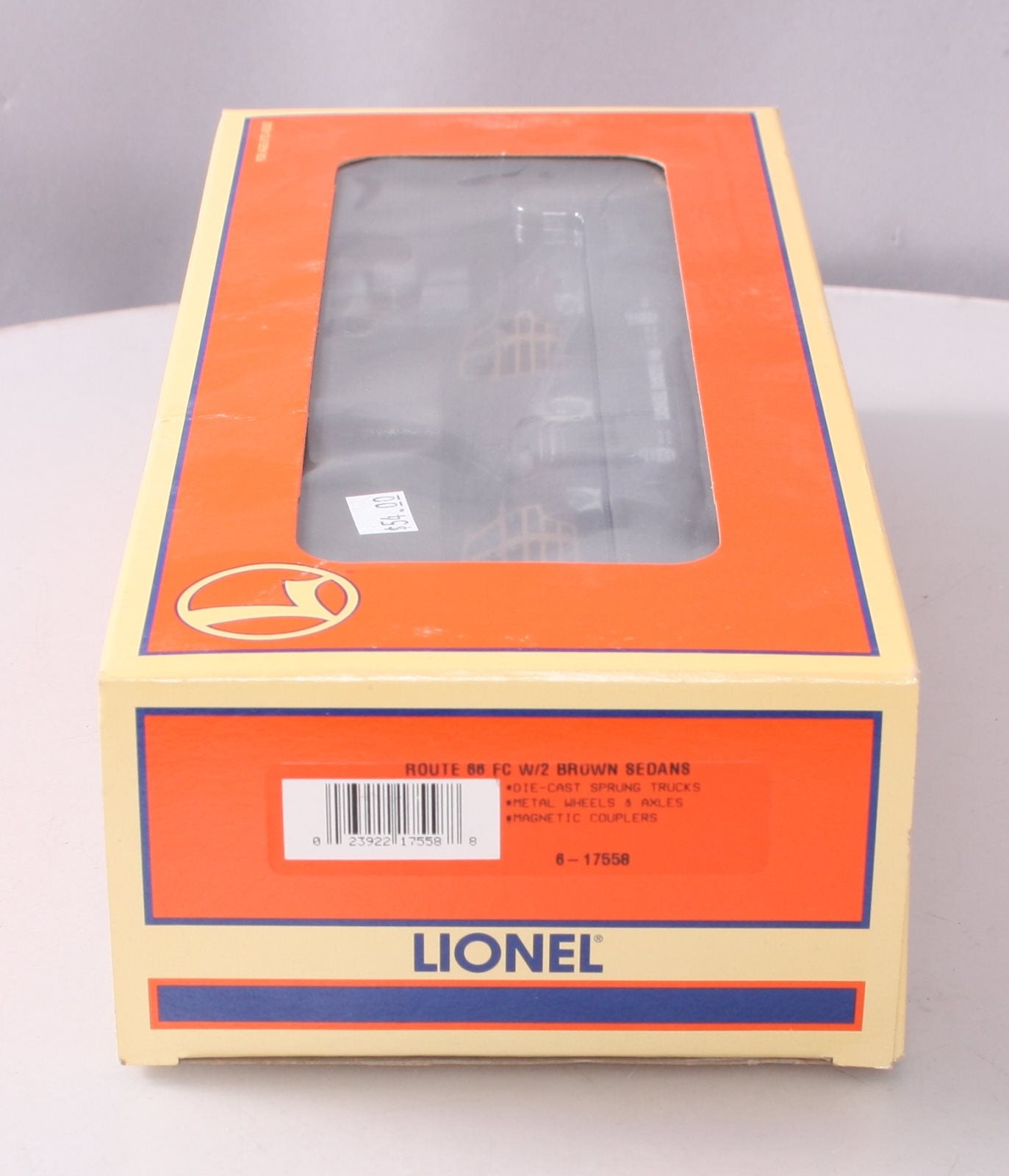 Lionel 6-17558 O Gauge Route 66 Flatcar with Two Brown Sedans