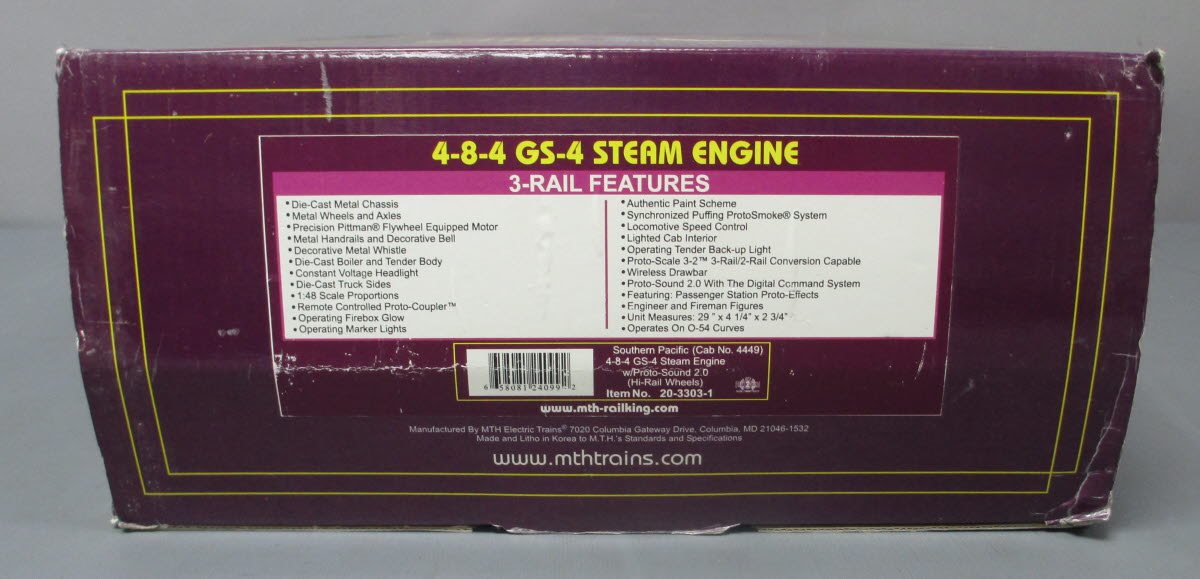 MTH 20-3303-1 SP 4-8-4 GS-4 Steam Locomotive Hi-Rail w/PS 2.0 #4449