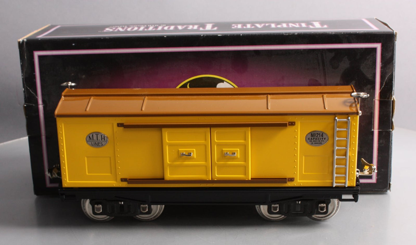 MTH 10-201 Standard Gauge Yellow/Brown Boxcar With Nickel Trim #214