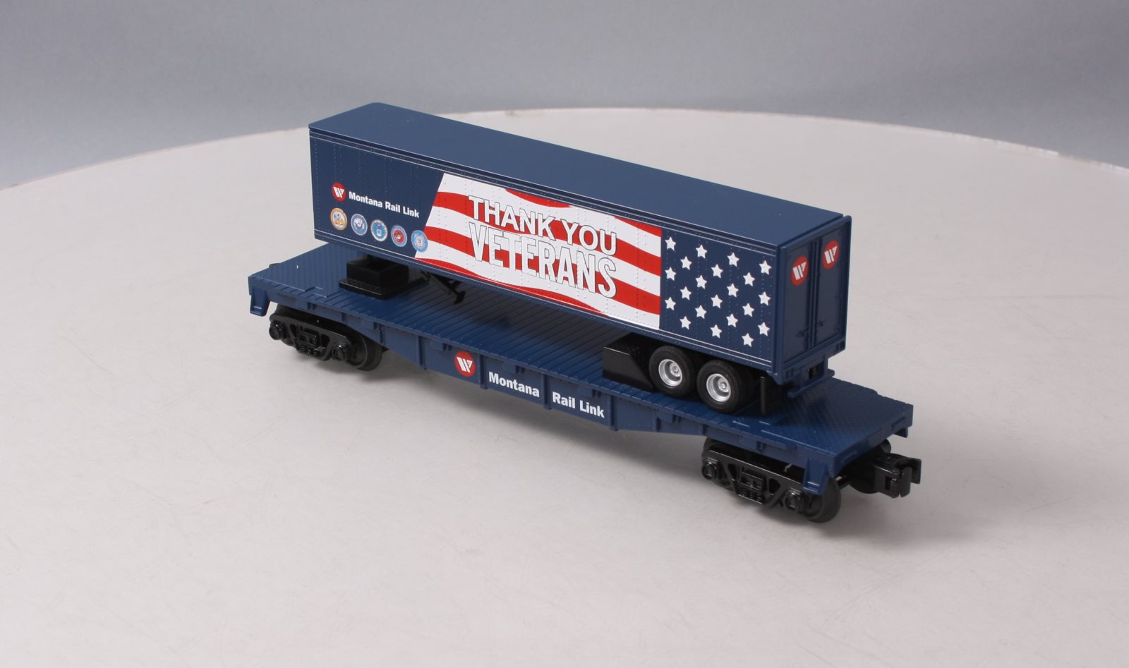 MTH 30-76849 O Montana Rail Link Veterans Flat Car w/40' Trailer