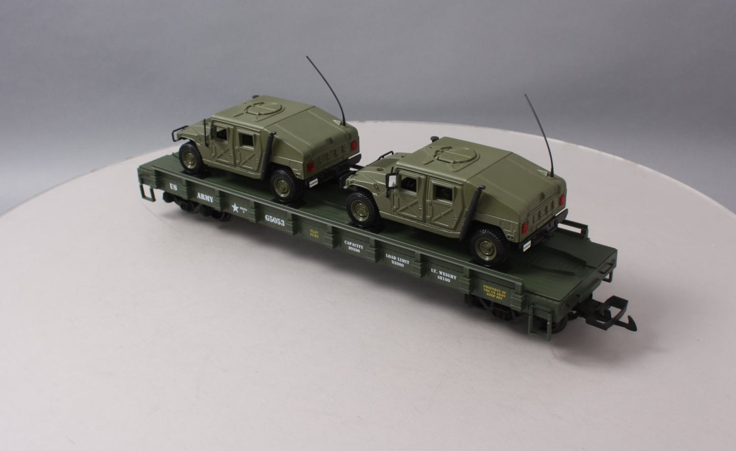 USA Trains R1746 G US Army Flat Car w/ Army Humvees #G5053