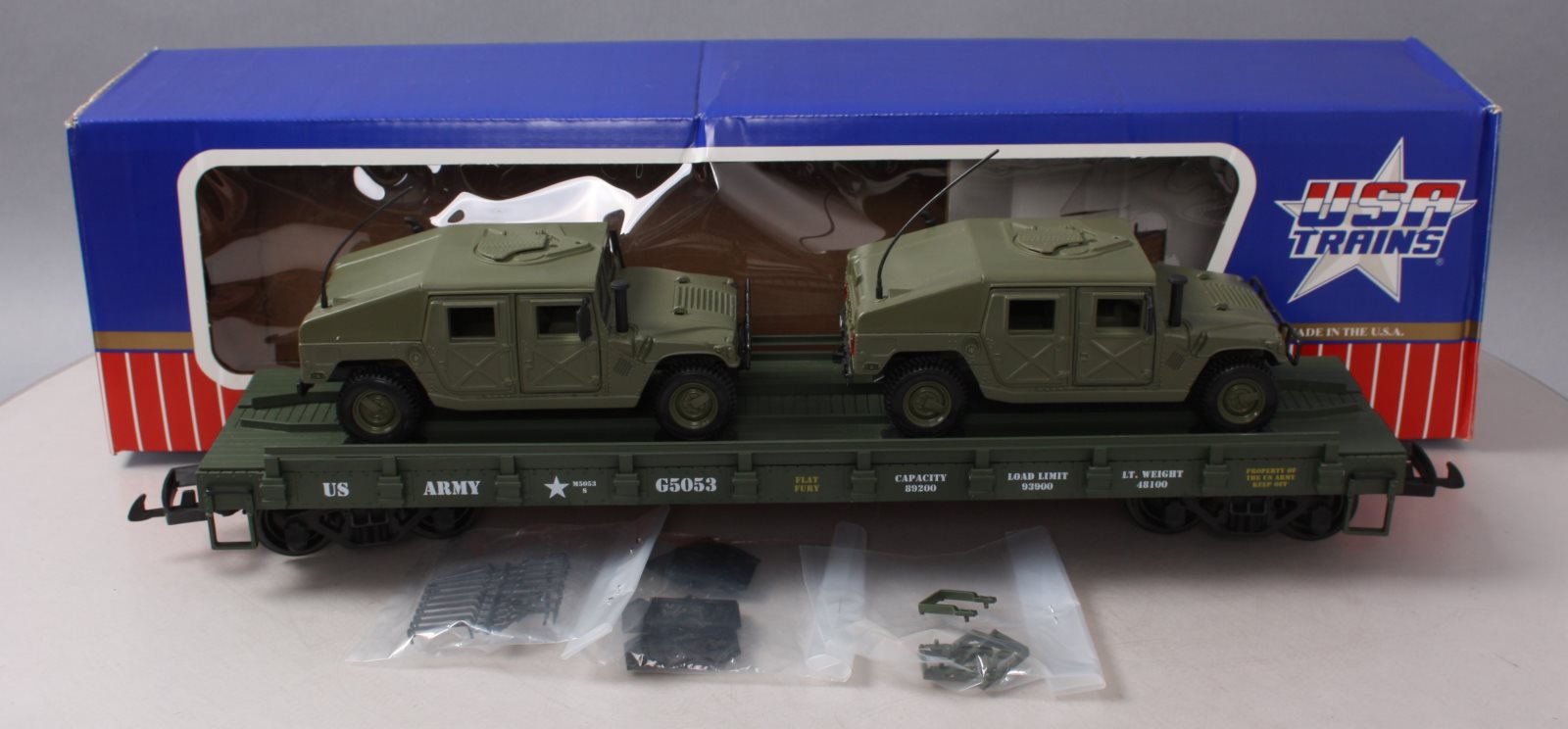 USA Trains R1746 G US Army Flat Car w/ Army Humvees #G5053