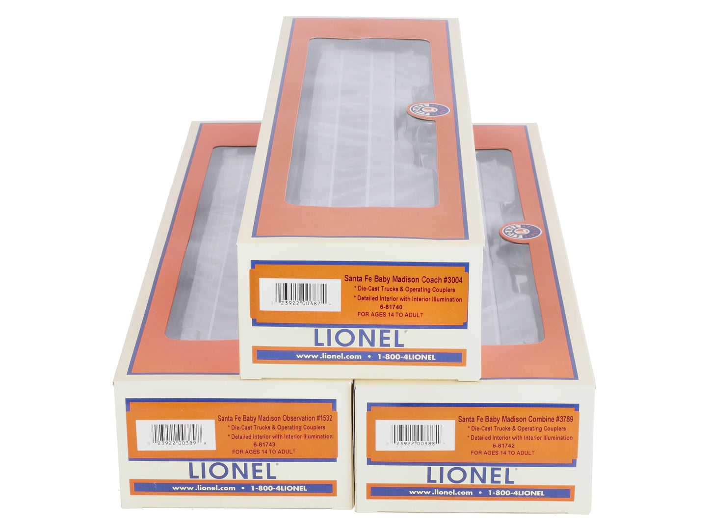 Lionel 6-81739 O Santa Fe Madison Combo, Coach, Observation Cars - 3-Pack