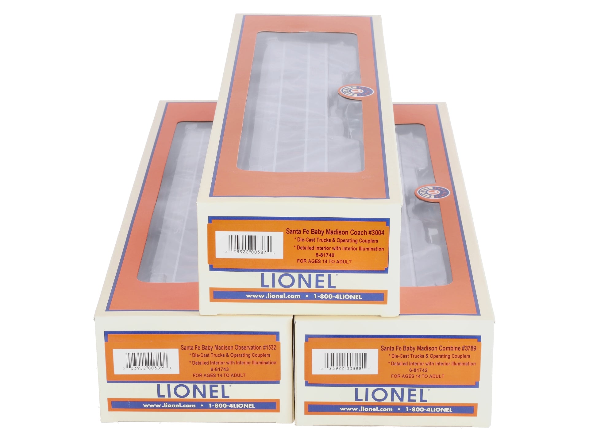 Lionel 6-81739 O Santa Fe Madison Combo, Coach, Observation Cars - 3-Pack
