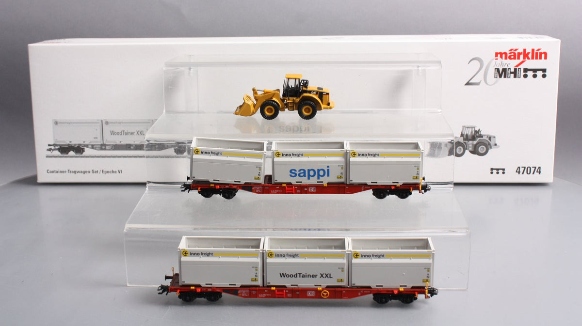 Marklin 47074 HO DB Flatcar Set w/XXL WoodTainer Containers & Cat Front Loader