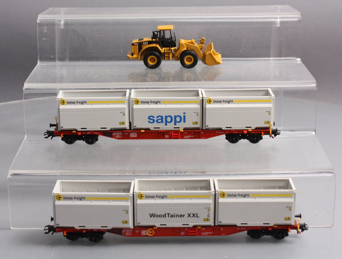 Marklin 47074 HO DB Flatcar Set w/XXL WoodTainer Containers & Cat Front Loader