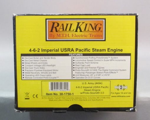 MTH 30-1750-1 US Army 4-6-2 Imperial Pacific Steam Locomotive & Tender #494 PS3