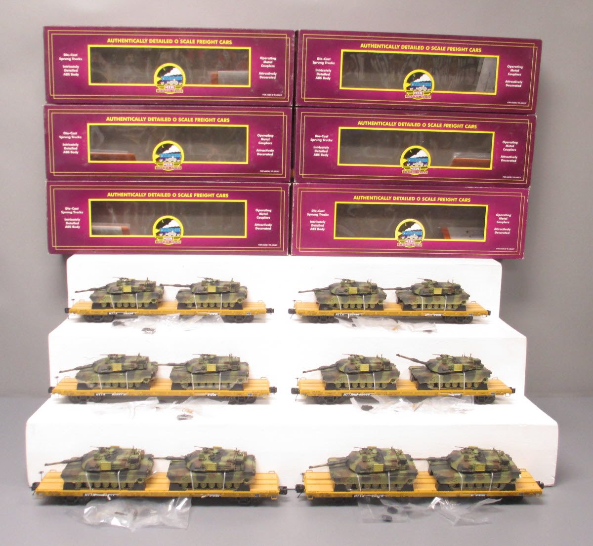 MTH 20-90361 O Gauge TTX 60' Flat Cars w/Abrams M1a Tank Loads 6-Car Set