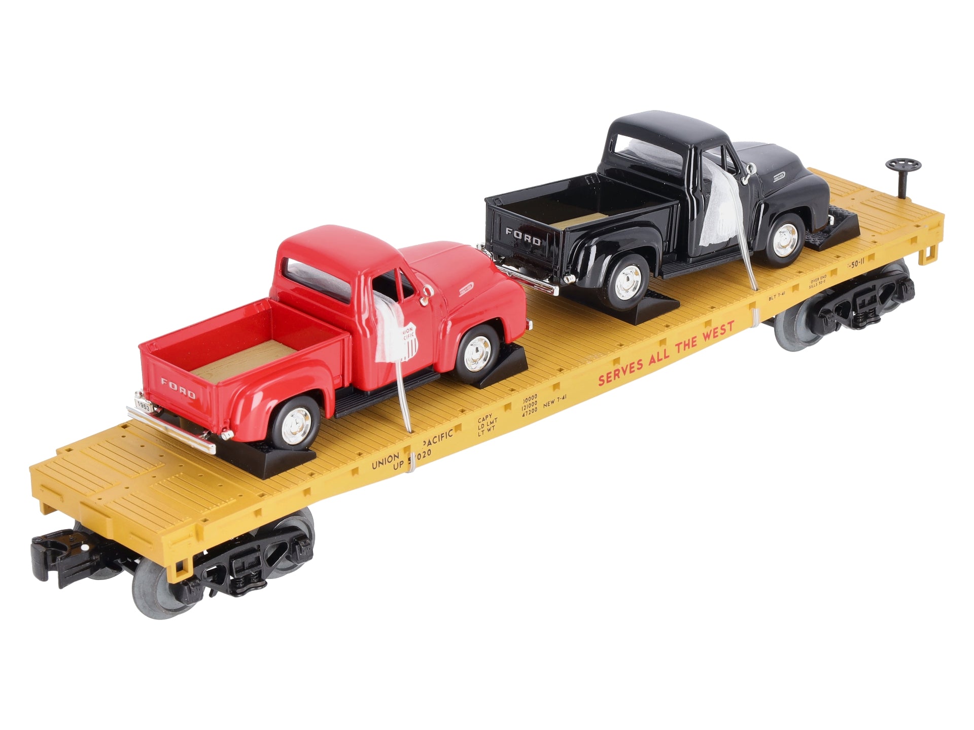MTH 30-76670 O Union Pacific Flat Car with 2 '53 Ford Pickup Trucks