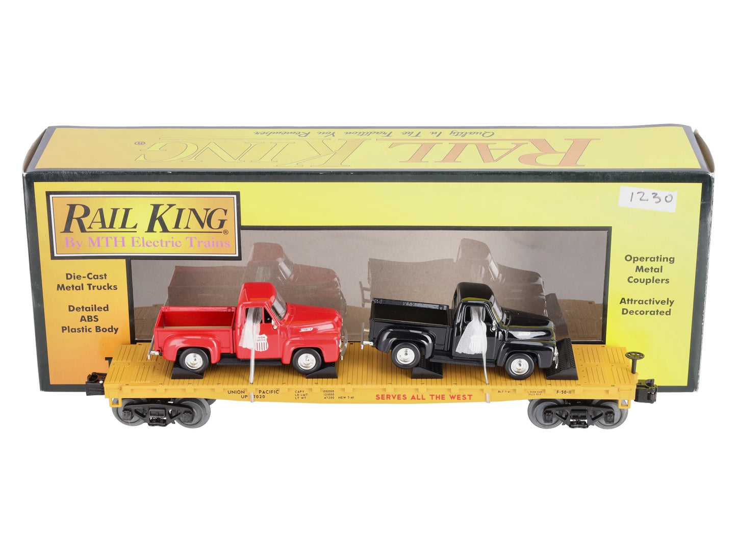 MTH 30-76670 O Union Pacific Flat Car with 2 '53 Ford Pickup Trucks