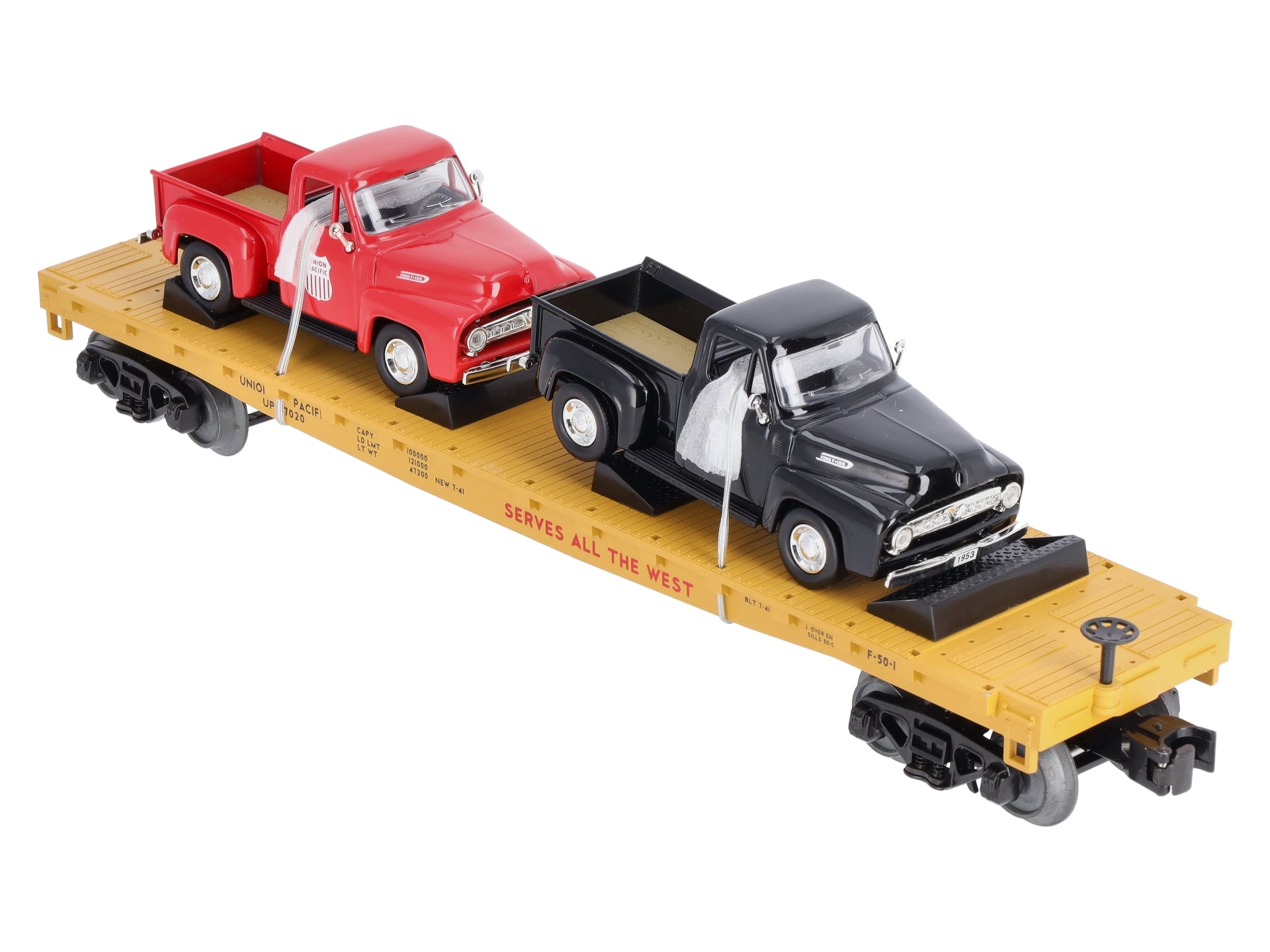 MTH 30-76670 O Union Pacific Flat Car with 2 '53 Ford Pickup Trucks