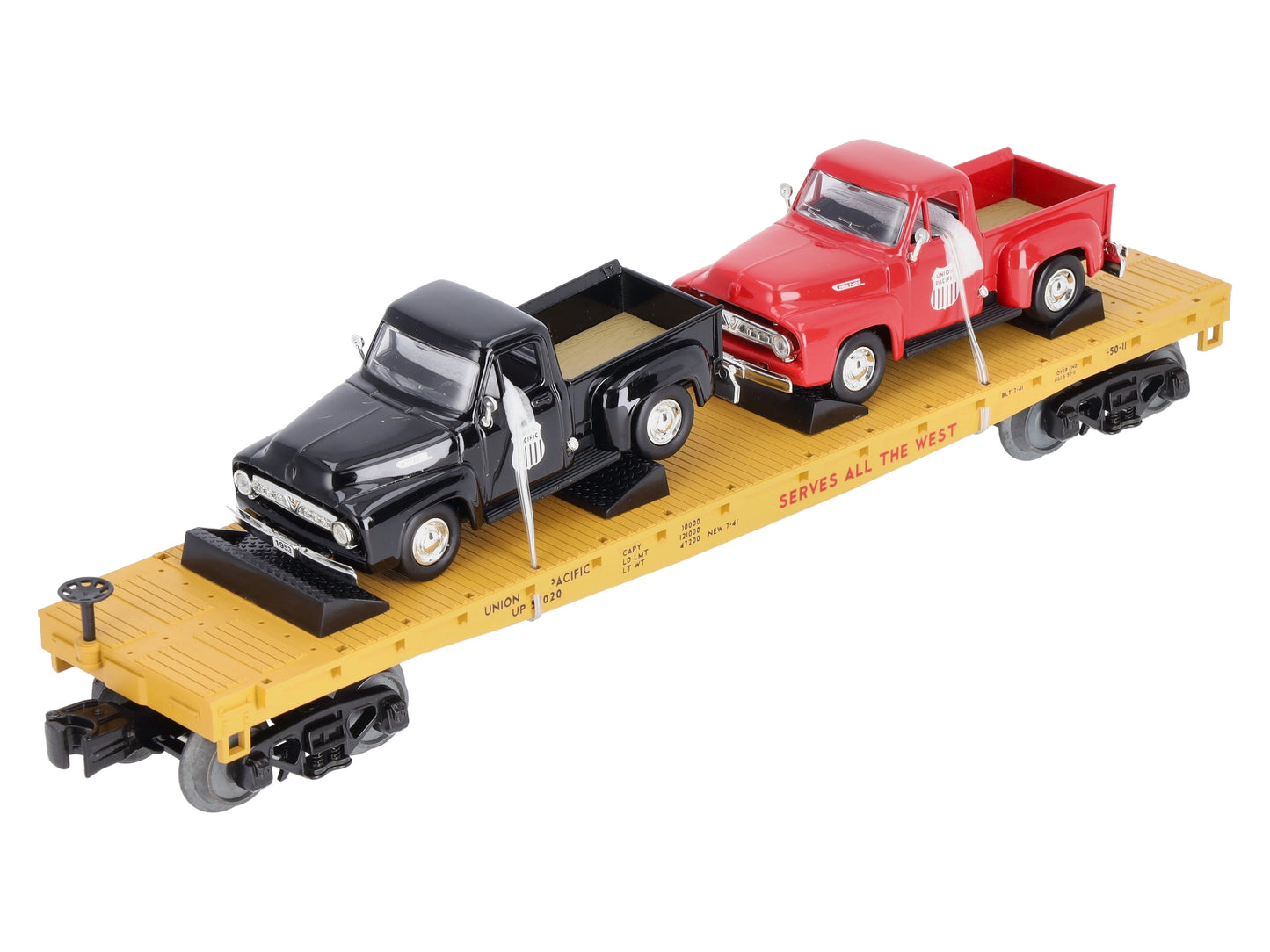 MTH 30-76670 O Union Pacific Flat Car with 2 '53 Ford Pickup Trucks