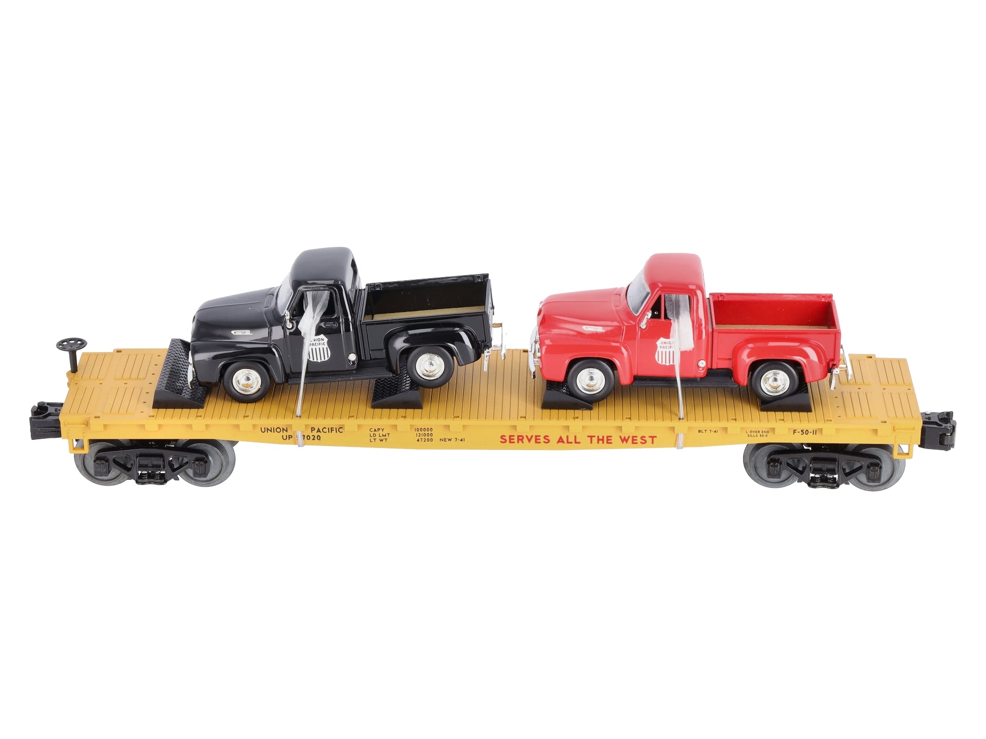 MTH 30-76670 O Union Pacific Flat Car with 2 '53 Ford Pickup Trucks