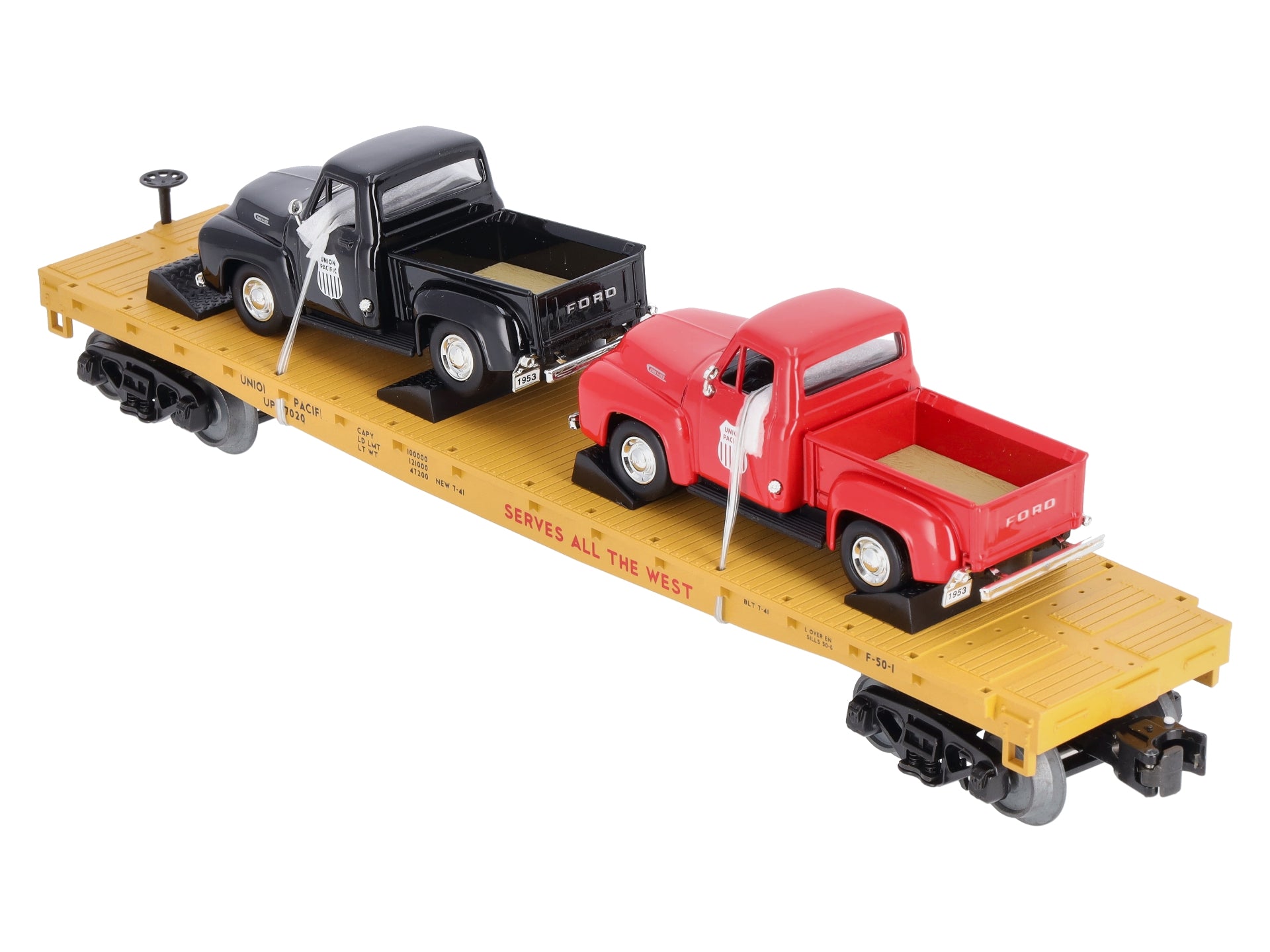 MTH 30-76670 O Union Pacific Flat Car with 2 '53 Ford Pickup Trucks