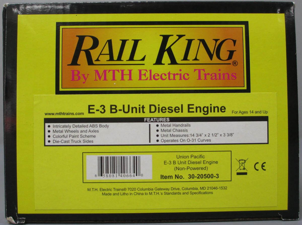 MTH 30-20500-3 O Gauge Union Pacific E-3 B Unit Non-Powered Diesel Engine #LA-6