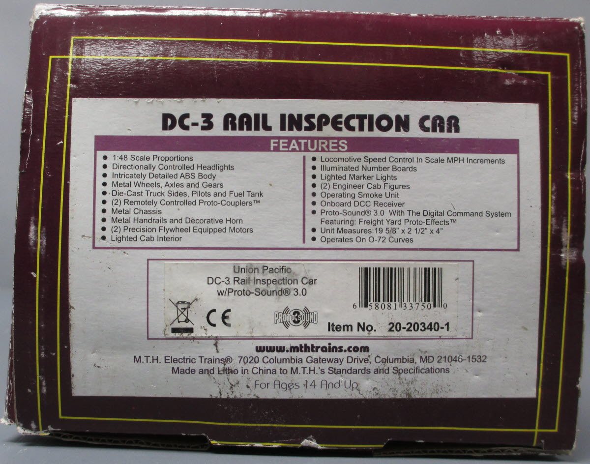 MTH 20-20340-1 O Gauge Union Pacific DC-3 Rail Inspection Car #DC-3 with PS 3.0
