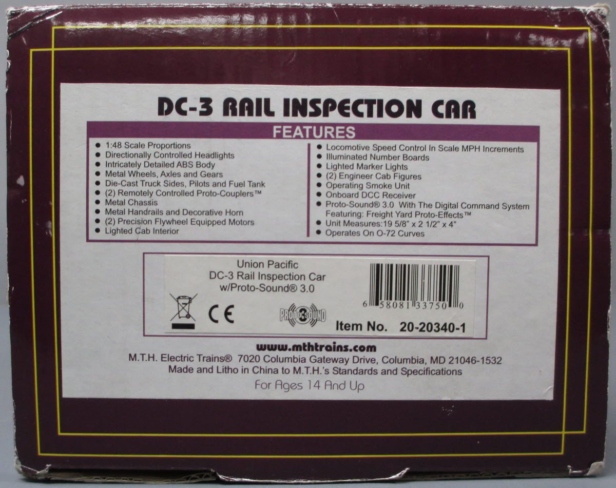 MTH 20-20340-1 O Gauge Union Pacific DC-3 Rail Inspection Car #DC-3 with PS 3.0