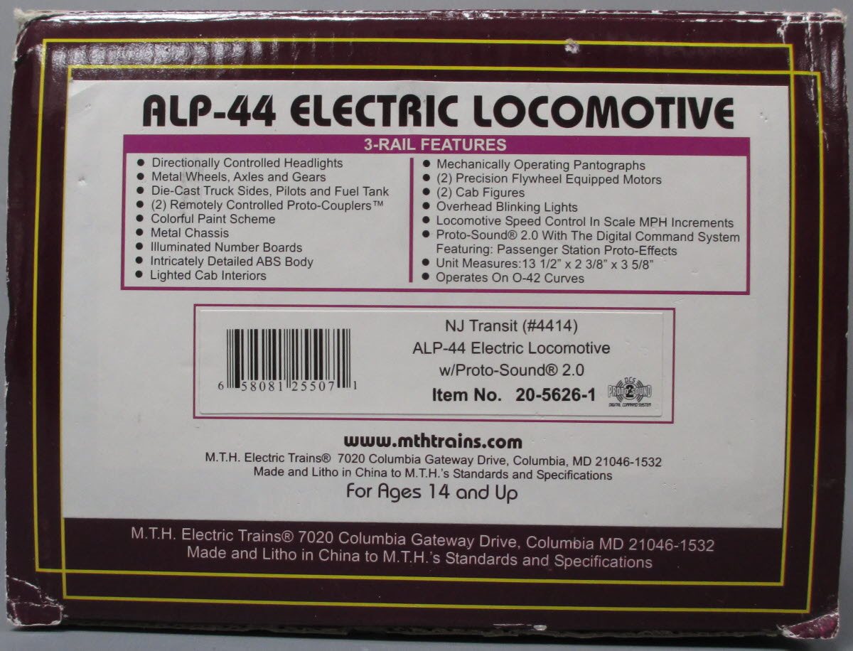 MTH 20-5626-1 NJ Transit ALP-44 Electric Locomotive w/Proto-Sound 2.0 #4414