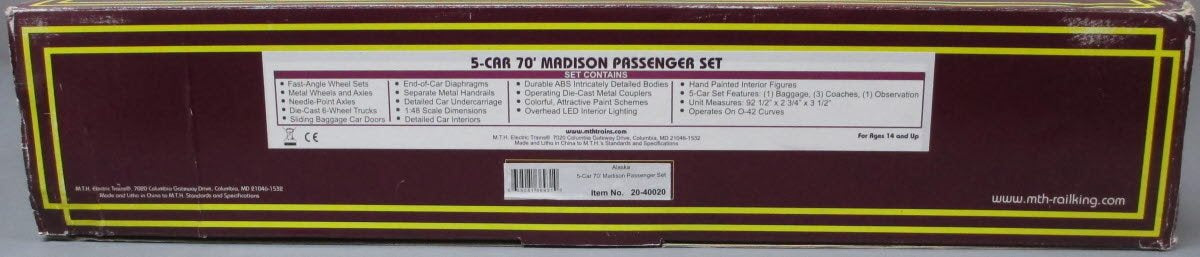 MTH 20-40020 O Alaska Railroad Premier 70' Madison Passenger Car Set (Set of 5)