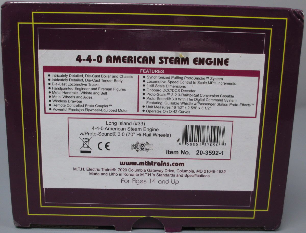 MTH 20-3592-1 O Gauge Long Island 4-4-0 AM Steam Locomotive #33 w/PS 3.0
