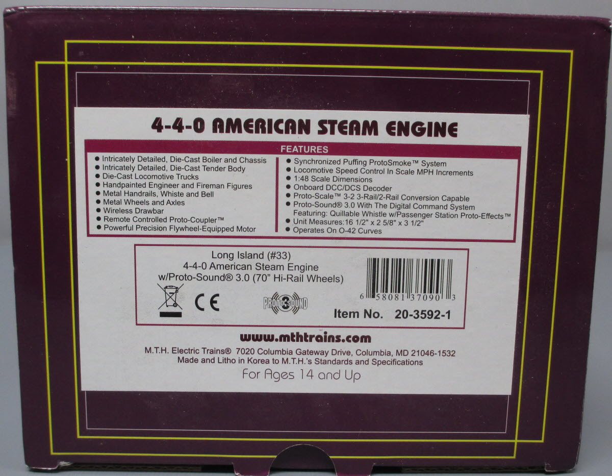 MTH 20-3592-1 O Gauge Long Island 4-4-0 AM Steam Locomotive #33 w/PS 3.0