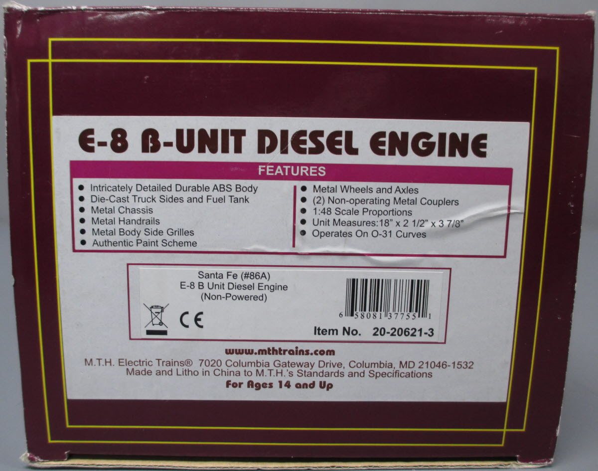 MTH 20-20621-3 Santa Fe Premier E-8 B-Unit Non-Powered Diesel Engine