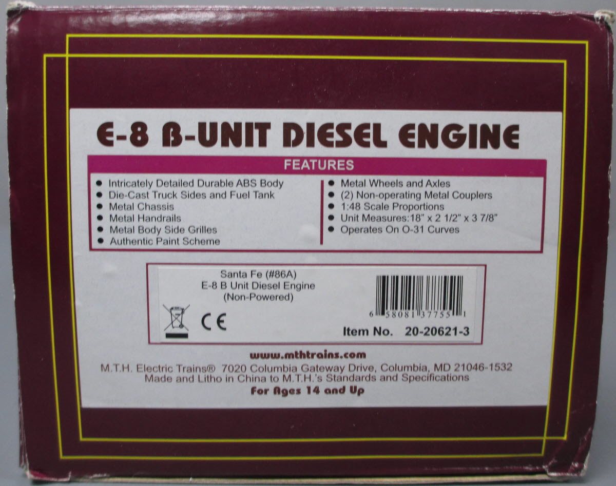 MTH 20-20621-3 Santa Fe Premier E-8 B-Unit Non-Powered Diesel Engine