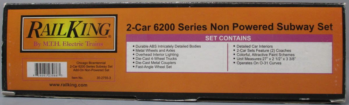 MTH 30-2755-3 O Chicago 6200 Subway Set Add-On Non-Powered Set (Set of 2)