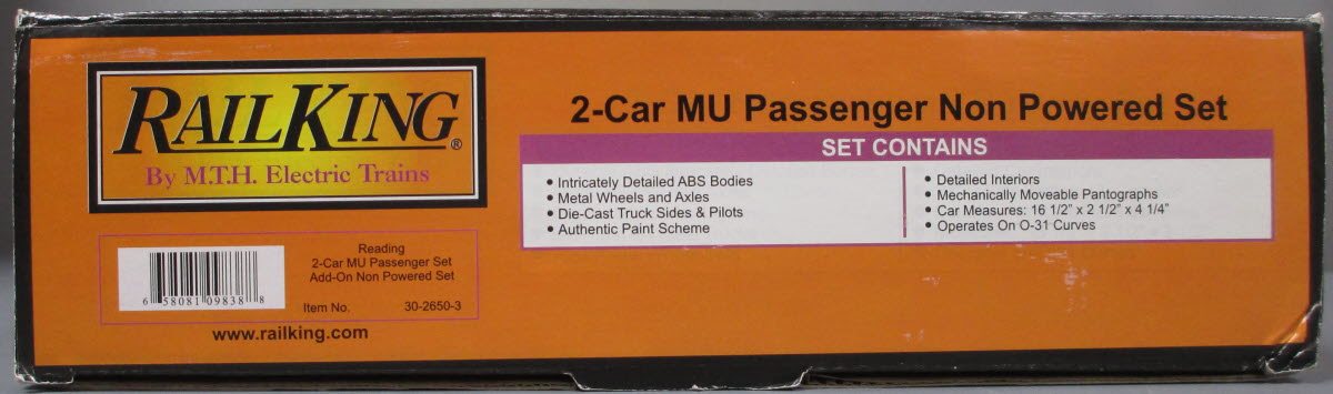MTH 30-2650-3 O Reading MU Passenger Add-On Car Set (Set of 2)