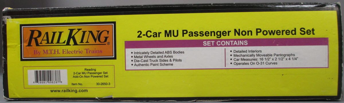 MTH 30-2650-3 O Reading MU Passenger Add-On Car Set (Set of 2)